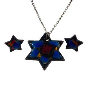 Vintage Ecco Sterling Star-Shaped Enamel Pendant Necklace & Earrings Set With Ha